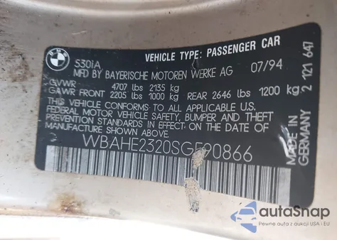 1995 BMW 530 I Automatic from USA, damaged, VIN WBAHE2320SGE90866